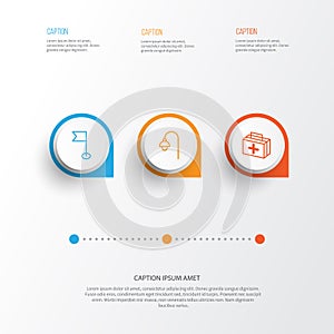 Tourism Icons Set. Collection Of Lamppost, Ensign, First Aid Bag And Other Elements.