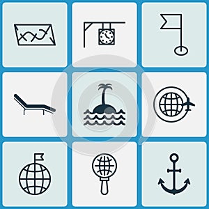 Tourism Icons Set. Collection Of Travel Direction, Ensign, Globe Search And Other Elements. Also Includes Symbols Such