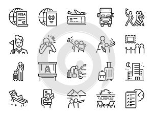 Tourism line icon set. Included icons as tourist, guide, traveler, vacation and more.