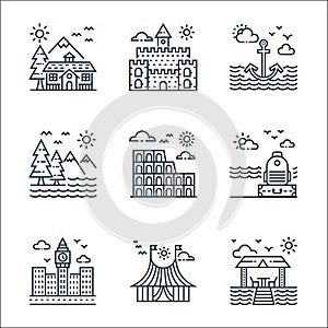 tourism line icons. linear set. quality vector line set such as beach vacation, circus tent, big ben, luggage, coliseum, mountains