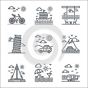 tourism line icons. linear set. quality vector line set such as camper van, beach, pyongyang, cruise ship, road trip, pisa tower,