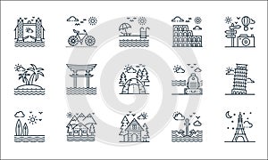 Tourism line icons. linear set. quality vector line set such as eiffel tower, cottage, surfing, anchor, home, island, luggage,