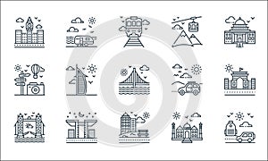 tourism line icons. linear set. quality vector line set such as road trip, town, london bridge, taj mahal, building, guidepost,