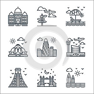 tourism line icons. linear set. quality vector line set such as surfing, london bridge, aztec pyramid, airport, lotus temple,