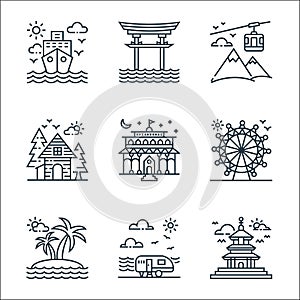 tourism line icons. linear set. quality vector line set such as temple, camper van, island, ferris wheel, vienna, cottage, cable