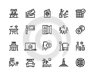 Tourism line icons. Travel holiday resort airplane vacation ticket tourism agency bus car rent transport. Hotel tourism