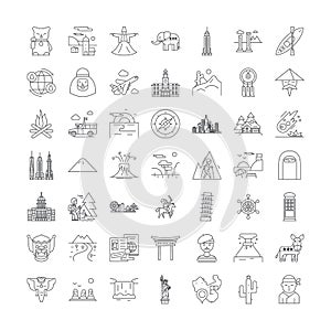 Tourism linear icons, signs, symbols vector line illustration set