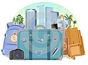 Tourism. Luggage suitcases. Traveling around the world. Design concept. City. Postcard, banner. Isolated. Travel and