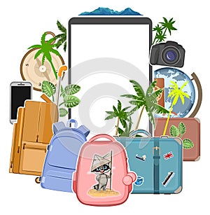 Tourism. Luggage suitcases. Traveling around the world. Design concept. Postcard, banner. Isolated. Travel and adventure