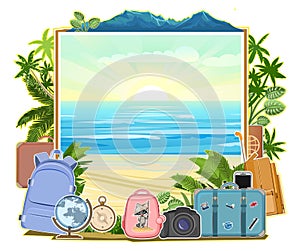 Tourism. Luggage suitcases. Traveling around the world. Design concept. Sea. Postcard, banner. Isolated. Travel and