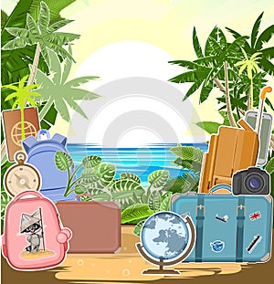 Tourism. Luggage suitcases. Traveling around the world. Sea. Design concept. Postcard, banner. Isolated. Travel and