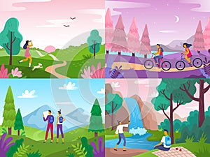 Tourism on nature. Mountaineering travelers, travel explore landscape and traveling sport rest flat vector illustration