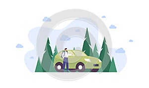 Tourism and road trip concept. Vector flat people illustration. Male tourist with backpack standing near car on abstract forest