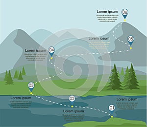 Tourism route infographic. Layers of mountain landscape with fir forest and river.