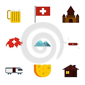 Tourism in Switzerland icons set, flat style