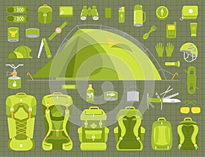 Tourism travel adventure. Camping set. Hiking equipment kit. Trekking. Flat vector green colour illustration.