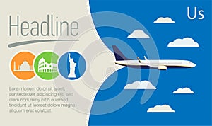Tourism, Travel Agency poster. Airplane in the blue sky