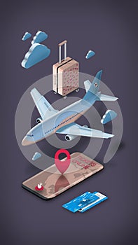 Tourism and Travel background. booking or Buying online tickets. Flat 3d isometric illustration.