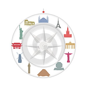 Tourism and travel. Colored vector silhouettes of world architectural landmarks and statues.