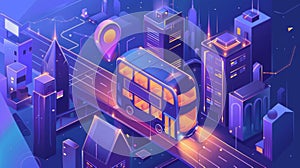 Tourism travel concept, 3D modern web banner of double decker bus riding route in cityscape with skyscrapers and