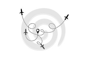 Tourism and travel concept. Airplane line path on white background. Vector icon of air plane flight route with dash line