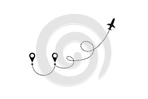 Tourism and travel concept. Airplane line path on white background. Vector icon of air plane flight route with dash line