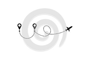 Tourism and travel concept. Airplane line path on white background. Vector icon of air plane flight route with dash line