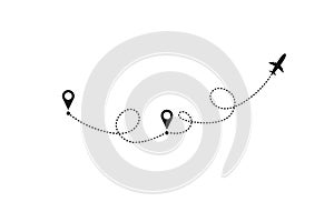 Tourism and travel concept. Airplane line path on white background. Vector icon of air plane flight route with dash line