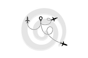 Tourism and travel concept. Airplane line path on white background. Vector icon of air plane flight route with dash line