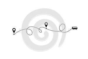 Tourism and travel concept. Bus line path on white background. Vector icon of bus route with dash line trace, start