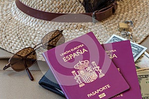 Tourism travel concept. Female hat, sunglasses, money and passports photo