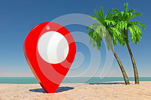 Tourism and Travel Concept. Red Target Pin Pointer on Tropical Paradise Beach with White Sand and Coconut Palm Trees. 3d Rendering