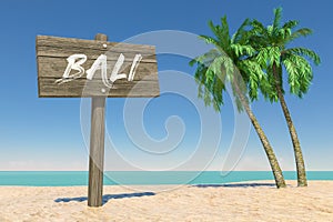 Tourism and Travel Concept. Wooden Direction Signbard with Bali Sign in Tropical Paradise Beach with White Sand and Coconut Palm