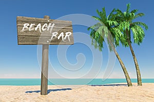 Tourism and Travel Concept. Wooden Direction Signbard with Beach Bar Sign in Tropical Paradise Beach with White Sand and Coconut