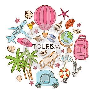 Tourism and travel elements in a large set in doodle style.