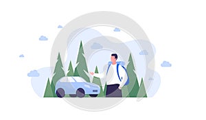 Tourism, travel and hike adventure concept. Vector flat people illustration. Man tourist with backpack. Car symbol on green forest
