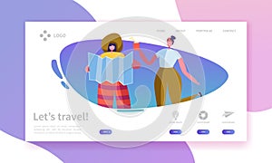 Tourism and Travel Industry Landing Page. Summer Traveling Holiday Vacation with Flat People Characters Website Template