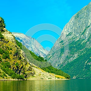 Tourism and travel. Mountains and fjord in Norway.