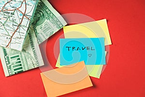 Tourism, travel and objects concept. Different travel stuff. Nice color background