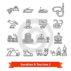 Tourism and vacation recovery. Thin line icons set