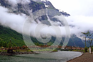 Tourism vacation and travel. Mountains and fjord NÃ¦rÃ¸yfjord in Gudvangen, Norway, Scandinavia