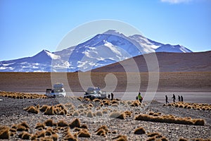 Tourist 4 x 4 expedition vehicles stop on the shores of Laguna Kollpa in the Eduardo Avaroa National Reserve, Sud Lipez province,