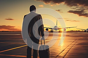 Tourist at the airport with a suitcase. Summer vacation concept.