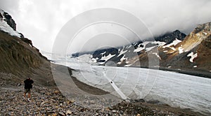 Tourist on Athabasca Glacier