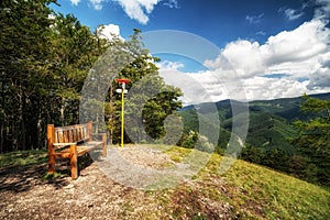 Tourist attraction empty bench on top of the hill Cipcie in Slovakia