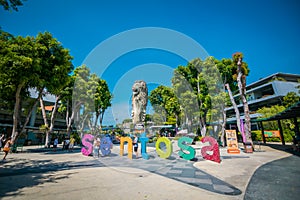 The Merlion sign and statue, the head of a lion and the body of a fish is symbol in Sentosa Island in Singapore.