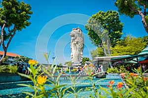 The Merlion sign and statue, the head of a lion and the body of a fish is symbol in Sentosa Island in Singapore.