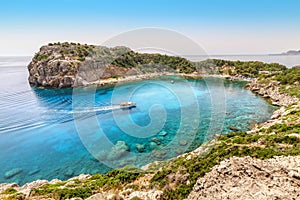 tourist attraction on Rhodes island - azure lagoon known as Anthony Quinn Bay. Sea travel and summer paradise concept