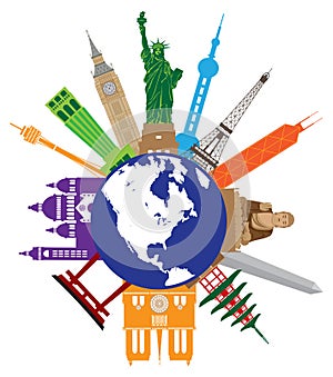 Tourist Attractions Around The World Globe vector illustration