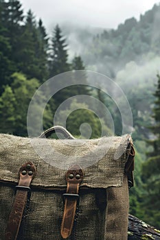 tourist backpack on the background of nature mountains